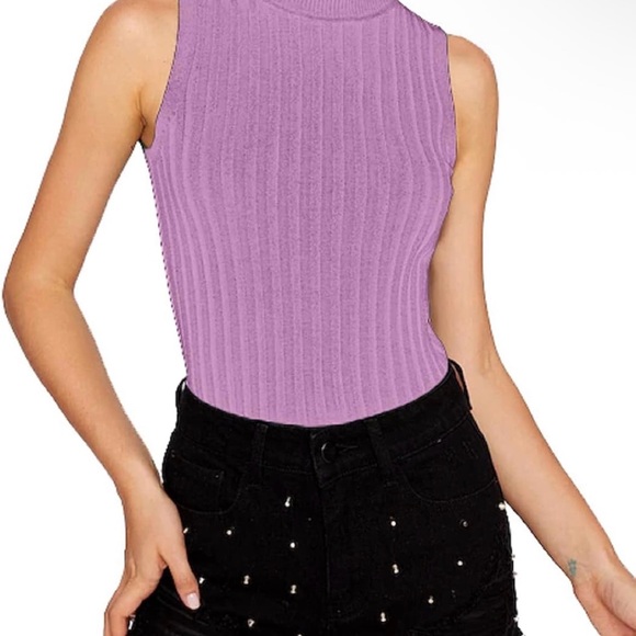 Elegant Lavender Sleeveless Ribbed Top Turtleneck Bodysuit Clasps At Bottom - Picture 2 of 8